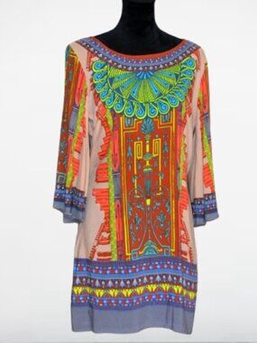 Flying Tomato Dress Tunic Neon & Beige Art Deco graphic print bell sleeves LARGE